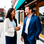 A professional real estate investor, a diverse group of business owners, and a local real estate agent, all fully clothed in modest business casual attire, are engaged in a friendly conversation outside a modern, bustling coffee shop in a vibrant urban neighborhood. The background features clean city streets, diverse storefronts, and a sense of active commerce, portraying a healthy local economy. Perfect anatomy, correct proportions, natural pose, well-formed hands, proper finger count, natural body proportions. Safe for work, appropriate content, fully clothed, professional, family-friendly.