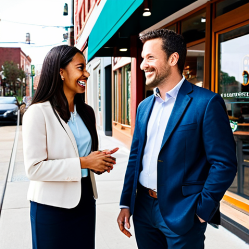 Home 6 A professional real estate investor, a diverse group of business owners, and a local real estate agent, all fully clothed in modest business casual attire, are engaged in a friendly conversation outside a modern, bustling coffee shop in a vibrant urban neighborhood. The background features clean city streets, diverse storefronts, and a sense of active commerce, portraying a healthy local economy. Perfect anatomy, correct proportions, natural pose, well-formed hands, proper finger count, natural body proportions. Safe for work, appropriate content, fully clothed, professional, family-friendly.