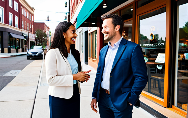 A professional real estate investor, a diverse group of business owners, and a local real estate agent, all fully clothed in modest business casual attire, are engaged in a friendly conversation outside a modern, bustling coffee shop in a vibrant urban neighborhood. The background features clean city streets, diverse storefronts, and a sense of active commerce, portraying a healthy local economy. Perfect anatomy, correct proportions, natural pose, well-formed hands, proper finger count, natural body proportions. Safe for work, appropriate content, fully clothed, professional, family-friendly.