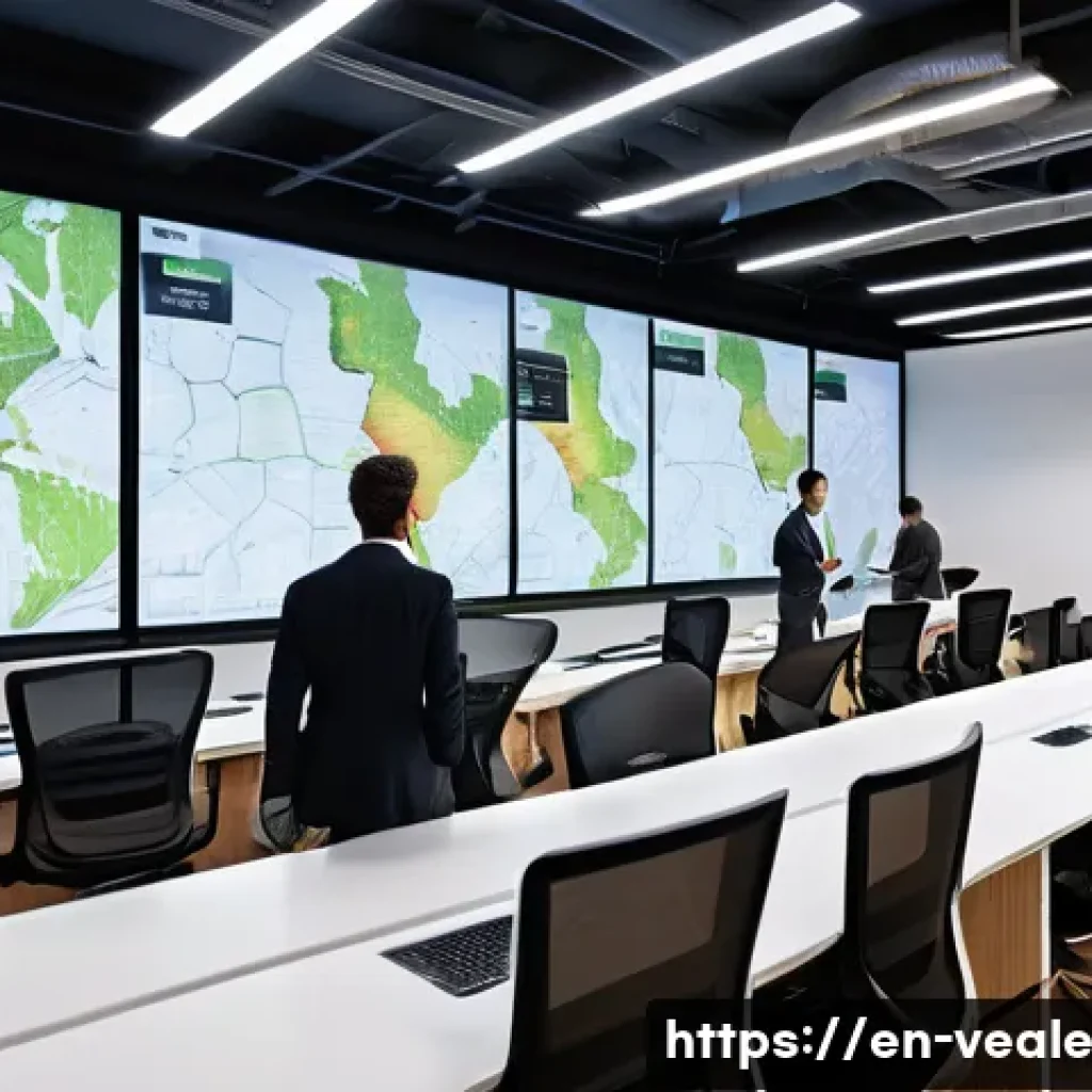 임대 부동산 분석의 최신 트렌드 - A futuristic real estate office with large digital screens displaying interactive geospatial heat ma...