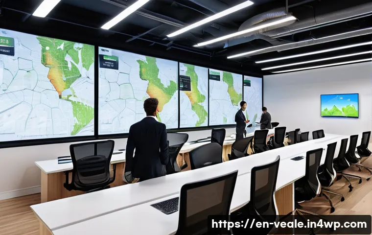 임대 부동산 분석의 최신 트렌드 - A futuristic real estate office with large digital screens displaying interactive geospatial heat ma...