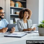 Home 22 임대 부동산의 계약 갱신 전략 - A modern apartment leasing office scene showing a friendly landlord and a diverse tenant couple sitt...