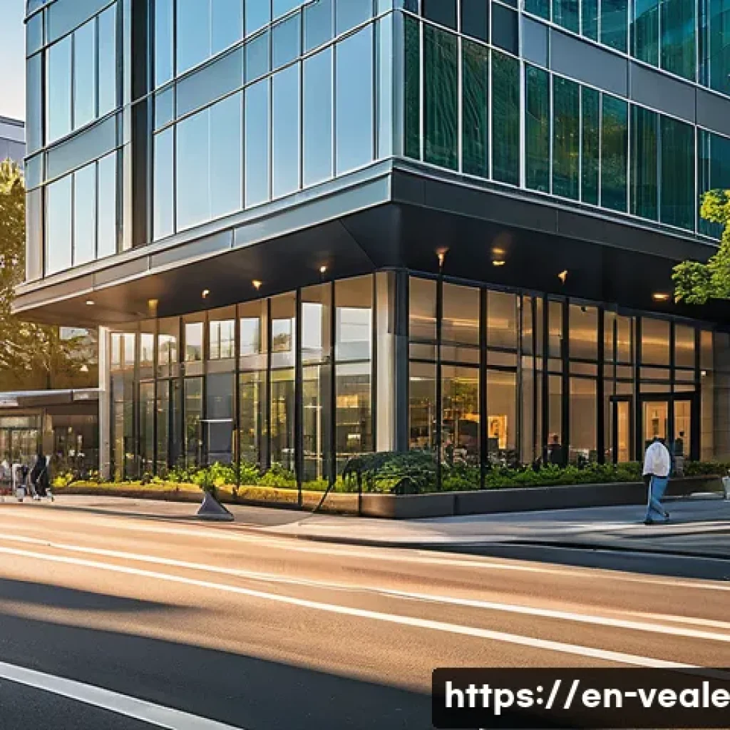 상업용 임대 부동산 분석 팁 - A modern commercial office building exterior during golden hour, featuring sleek glass facades and a...