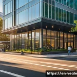 Home 21 상업용 임대 부동산 분석 팁 - A modern commercial office building exterior during golden hour, featuring sleek glass facades and a...