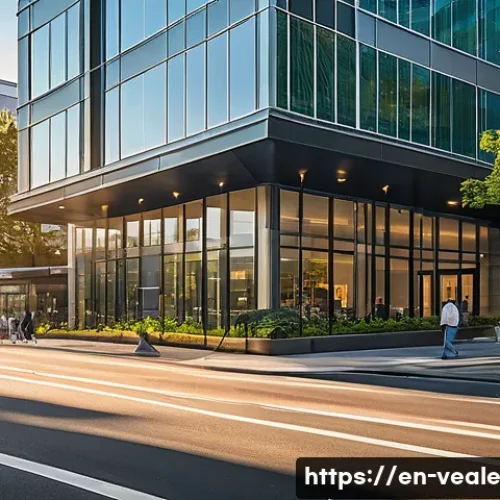 Home 33 상업용 임대 부동산 분석 팁 - A modern commercial office building exterior during golden hour, featuring sleek glass facades and a...